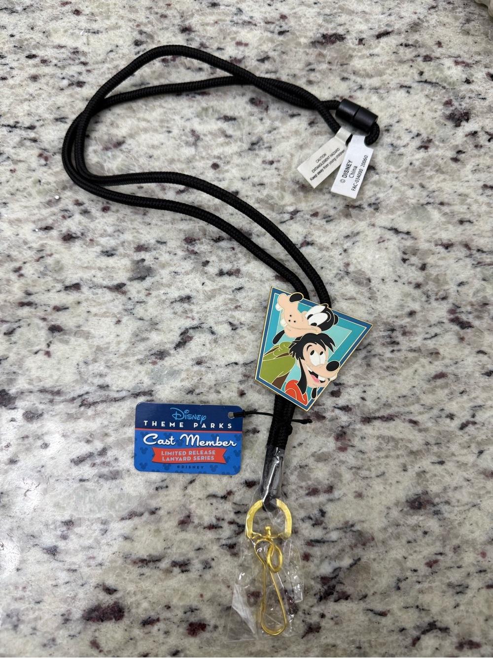 Disney Cast Member Goofy & Max Kids Black Lanyard with Gold Hardware